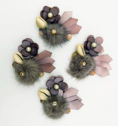 Hand Embroidered Metallic Grey Applique With Cowrie Shell, Sequins,Pearl and Feather Pom Pom